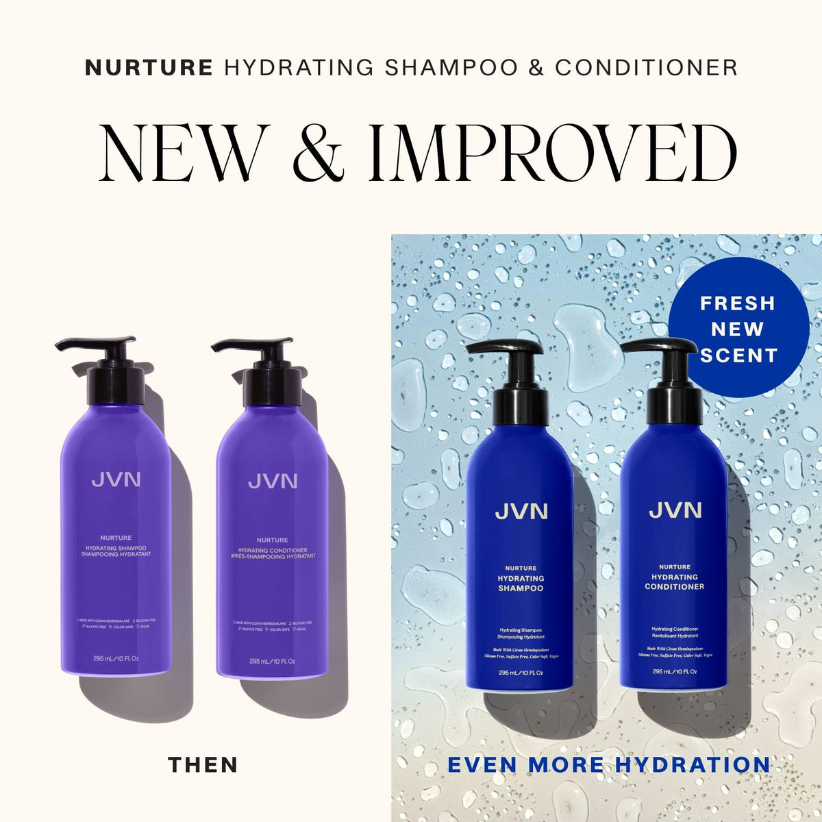JVN shampoo paired with conditioner in a bathroom styling scene