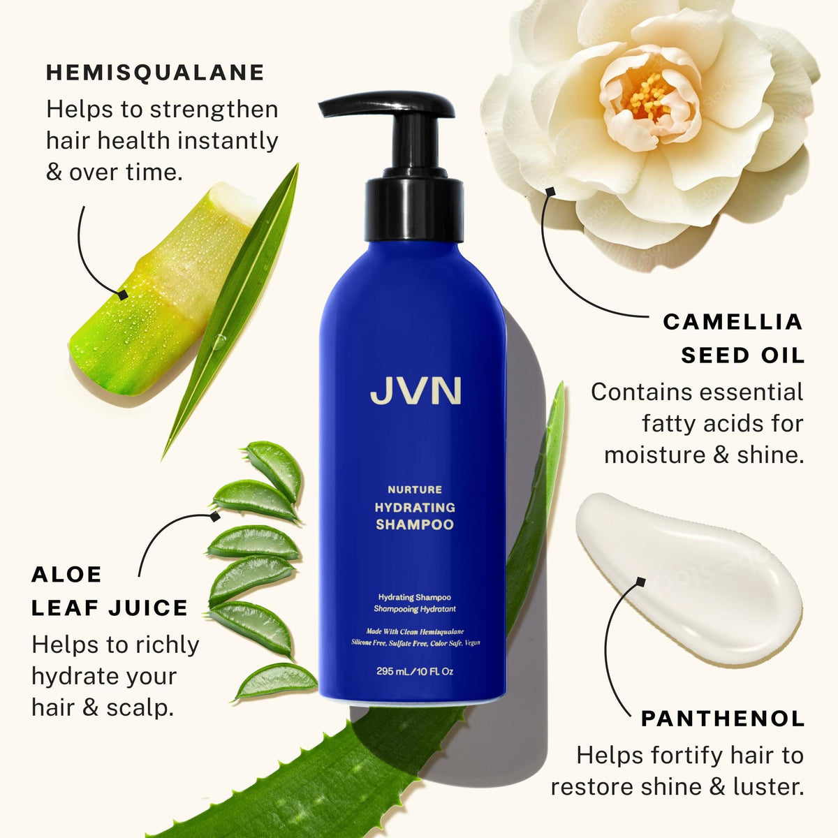 JVN shampoo texture pouring from bottle highlighting lightweight hydration