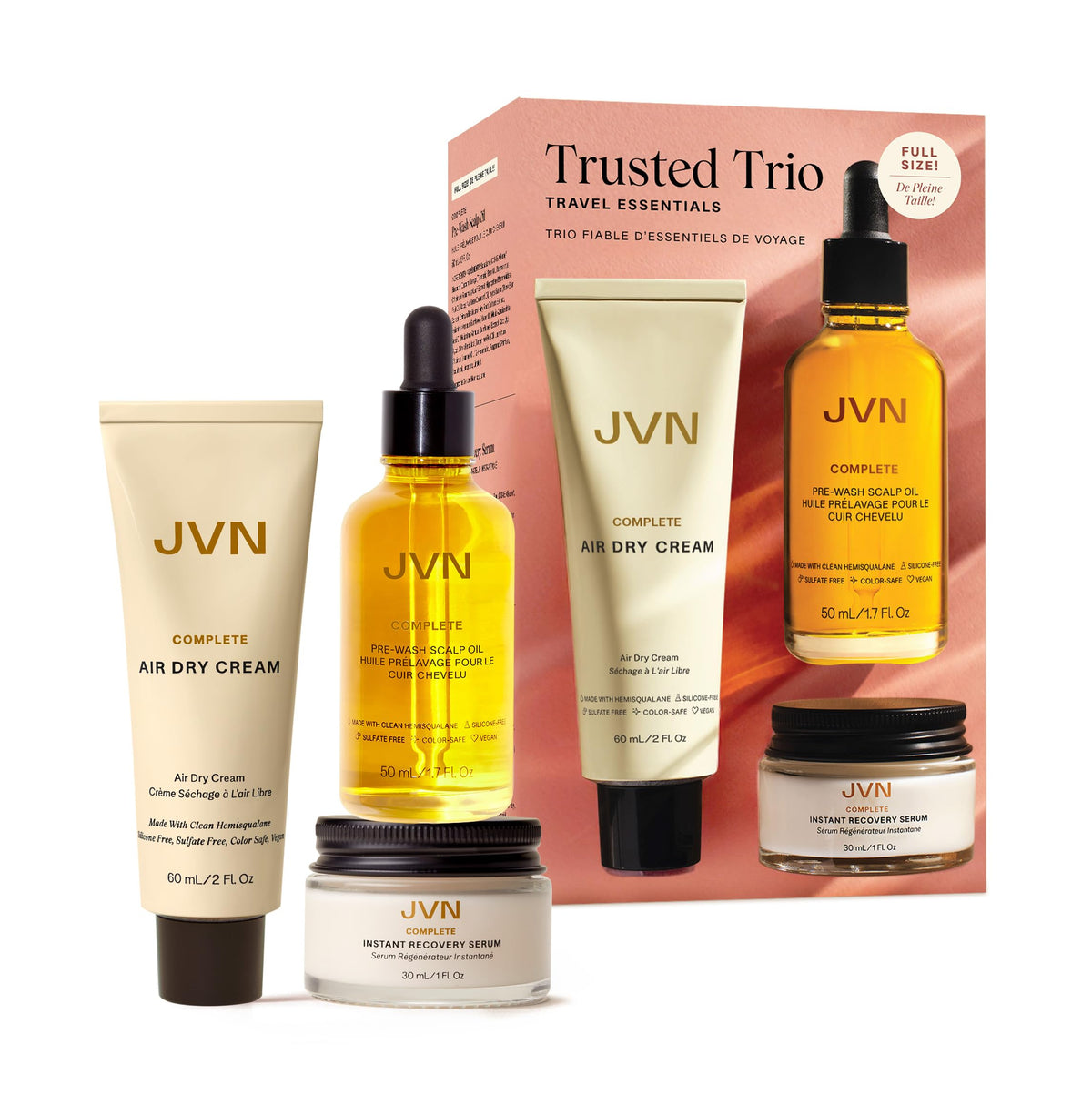 JVN front packaging showing all three travel essentials and convenience