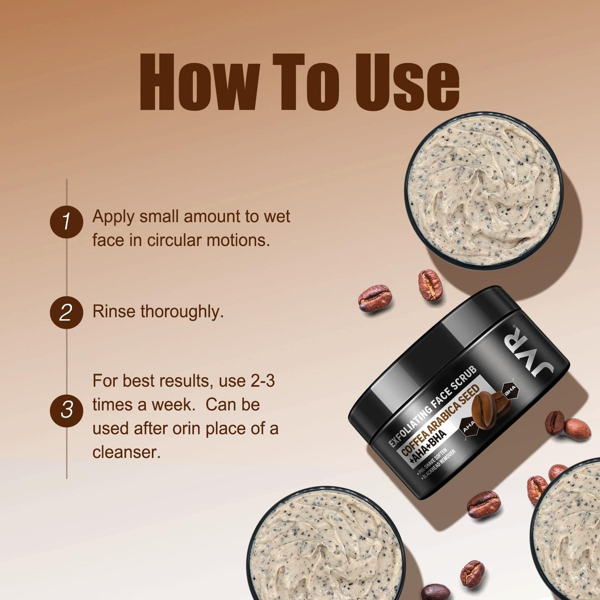 JVR face scrub label ingredients highlighting AHA BHA and coffee benefit
