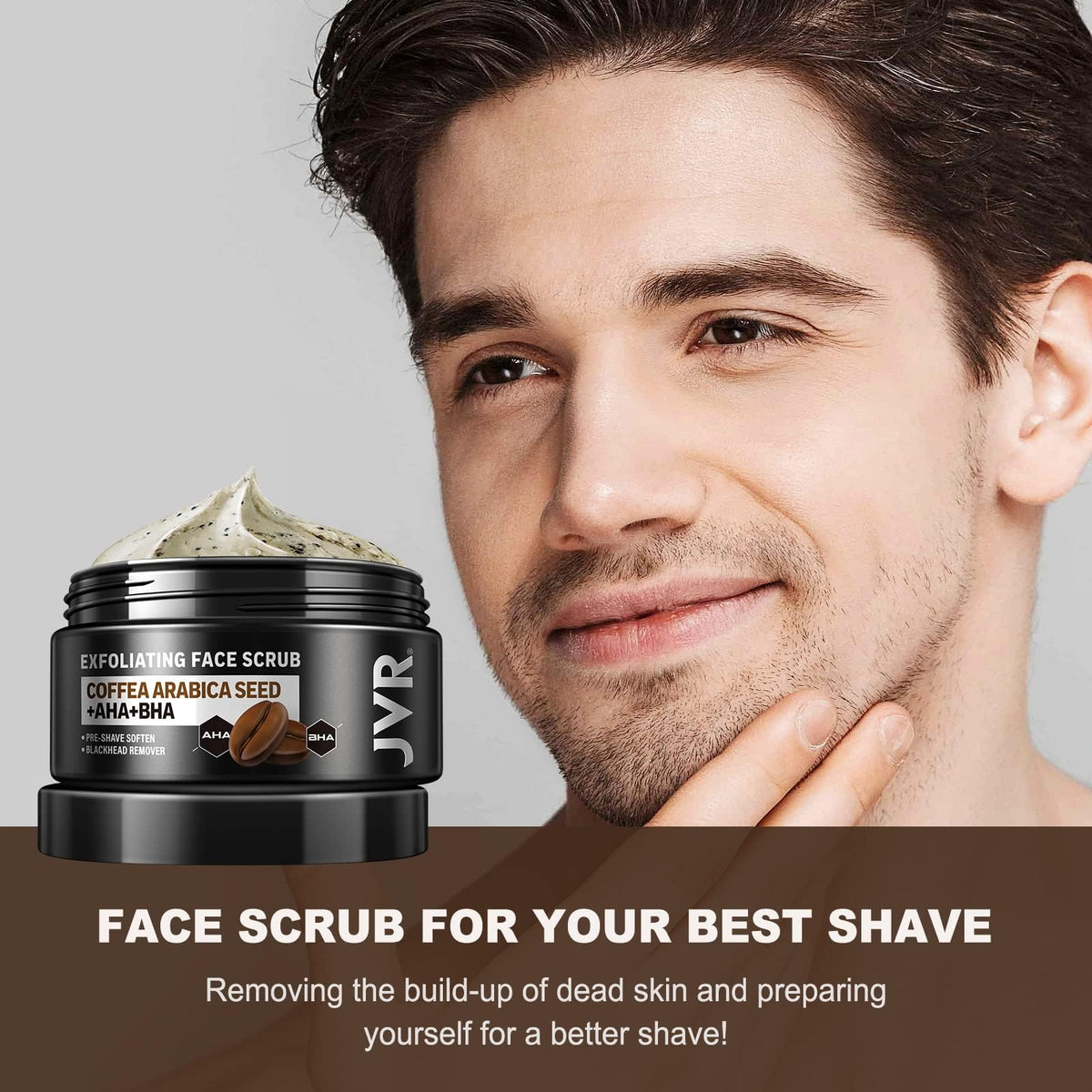 JVR face scrub applied to beard area to soften hairs for smoother shave benefit