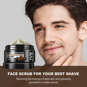 JVR face scrub applied to beard area to soften hairs for smoother shave benefit