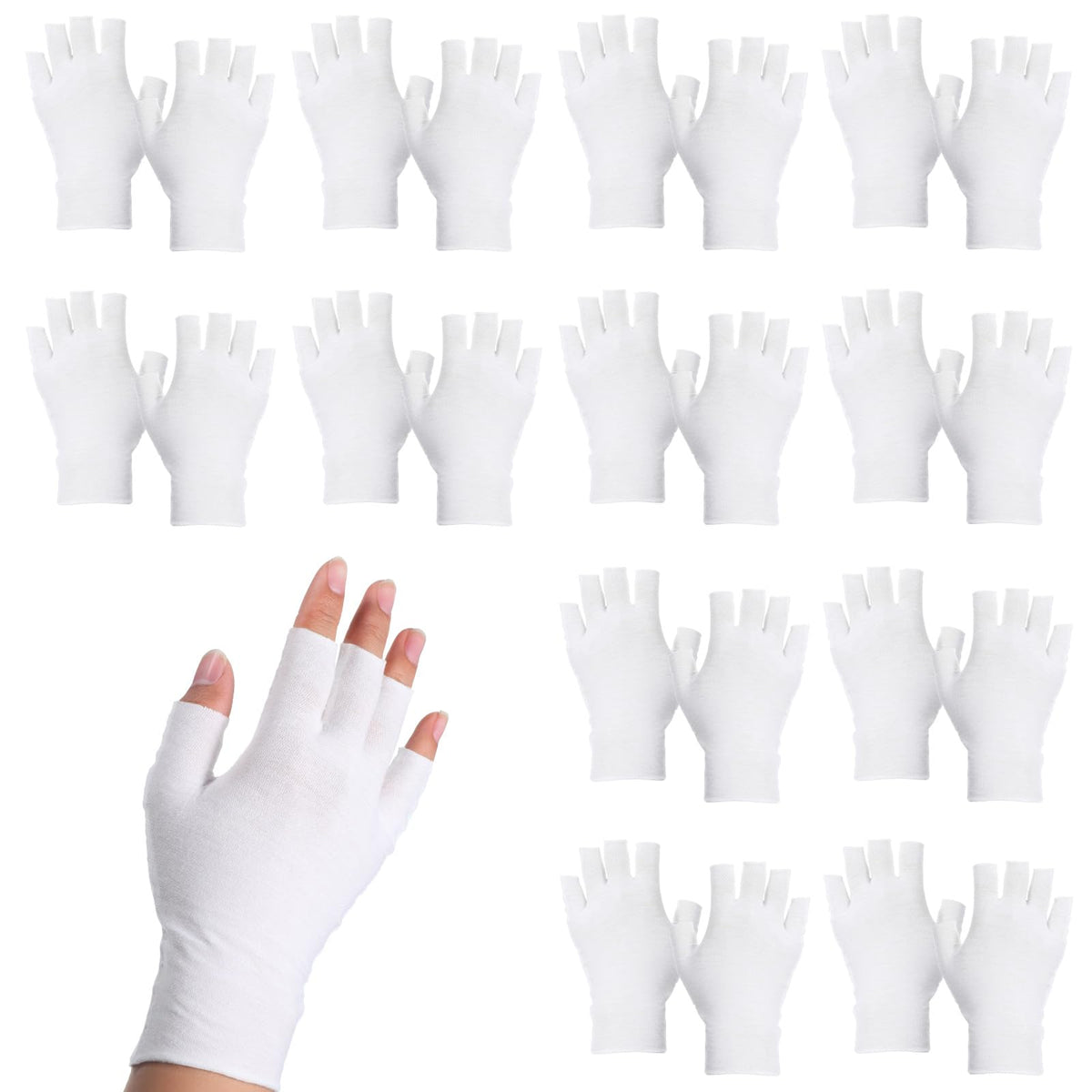 Jxiwfvl front pack showing 12 pairs of white fingerless gloves for convenient moisturizing