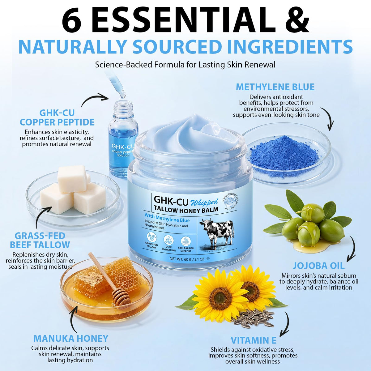 Blue-hued balm smear showing color and antioxidant-rich formula benefit