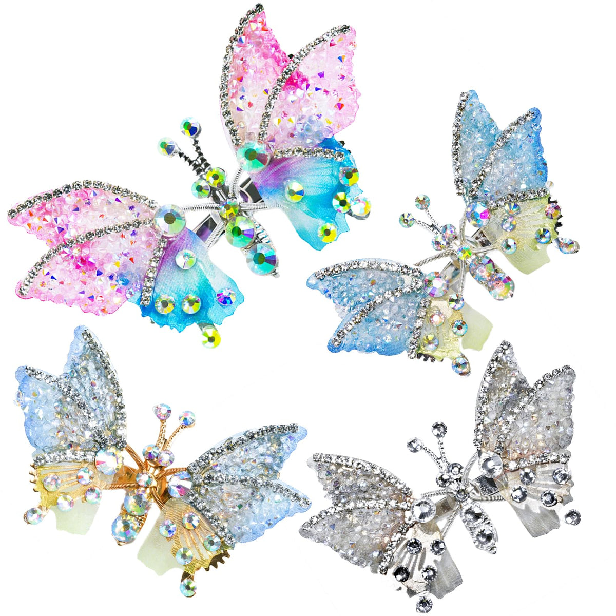 Jzarbfx front view of butterfly hairclips showing colorful sparkle and playful design
