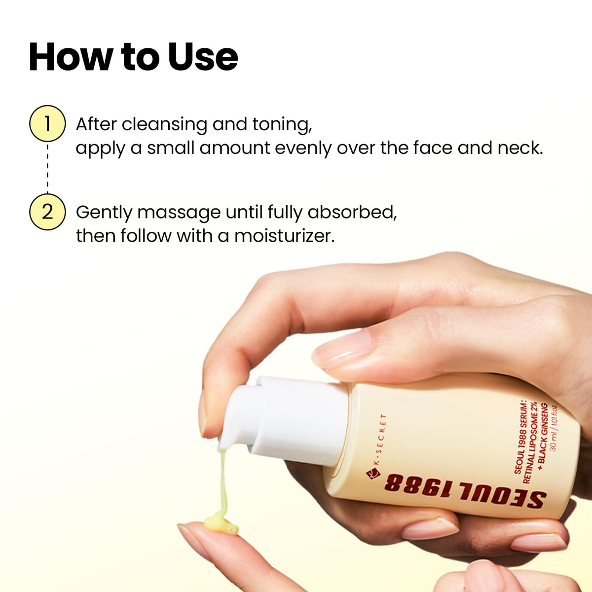 K-SECRET ingredient label close-up displaying retinal 2% and booster complex benefit