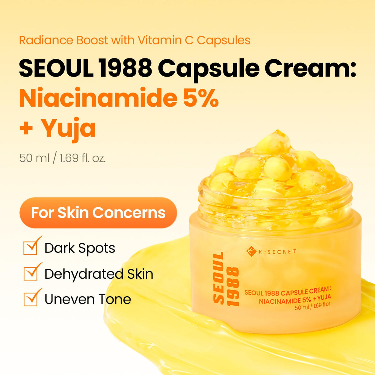 K-SECRET open cap with vitamin C capsules visible, shows freshness and targeted potency