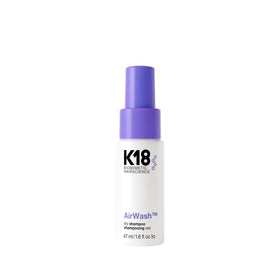 K18 AirWash front packaging showing compact travel-friendly bottle and benefits