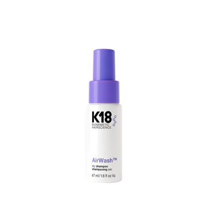 K18 AirWash front packaging showing compact travel-friendly bottle and benefits