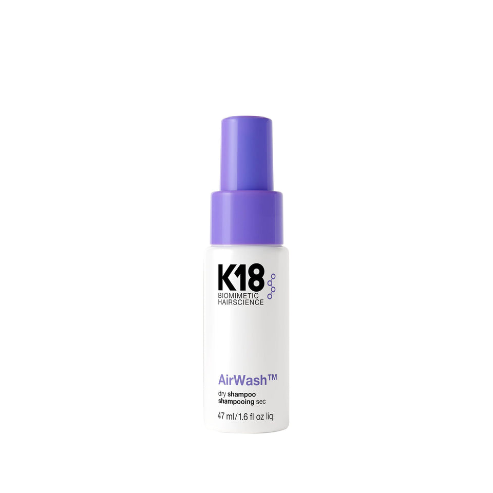 K18 AirWash front packaging showing compact travel-friendly bottle and benefits
