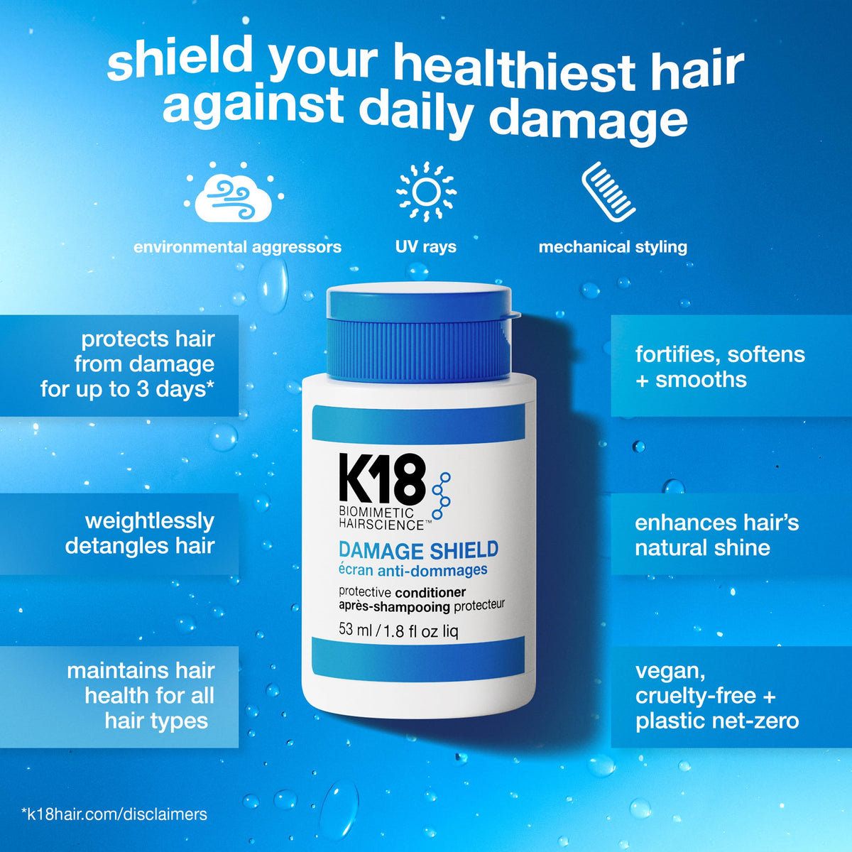 K18 being applied to damp hair mid-lengths, shows detangling and smoothing benefit