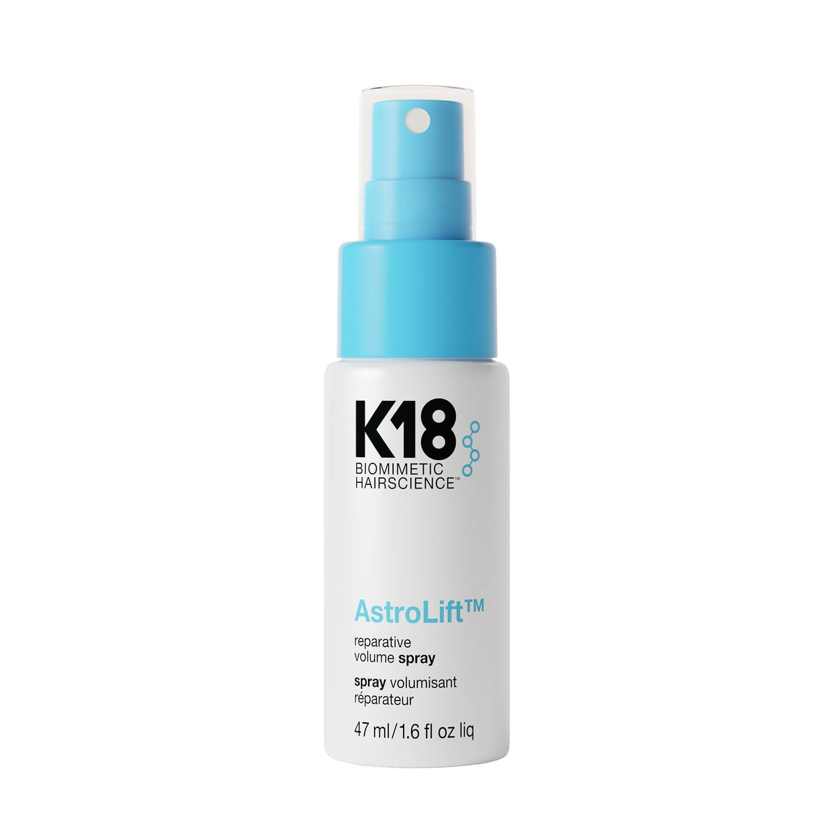 K18 AstroLift front bottle shot showing compact travel-friendly design and branding