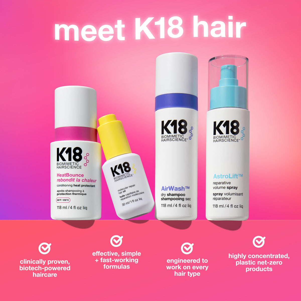 K18 bottle on bathroom counter styled with tools showing styling convenience