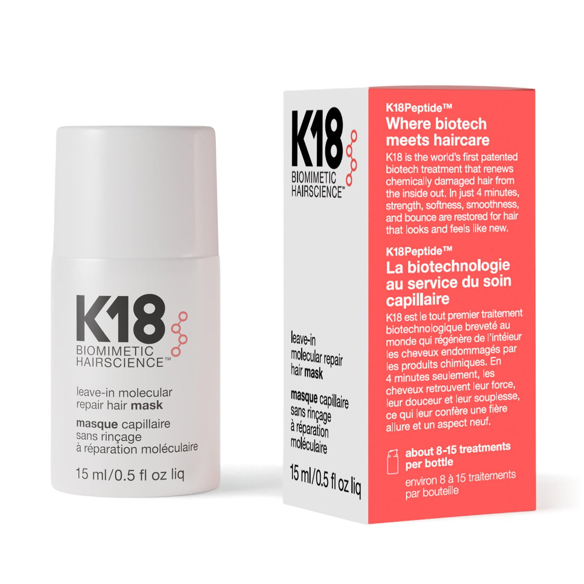 K18 front bottle close-up showing sleek packaging and easy application benefit