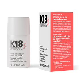 K18 front bottle close-up showing sleek packaging and easy application benefit