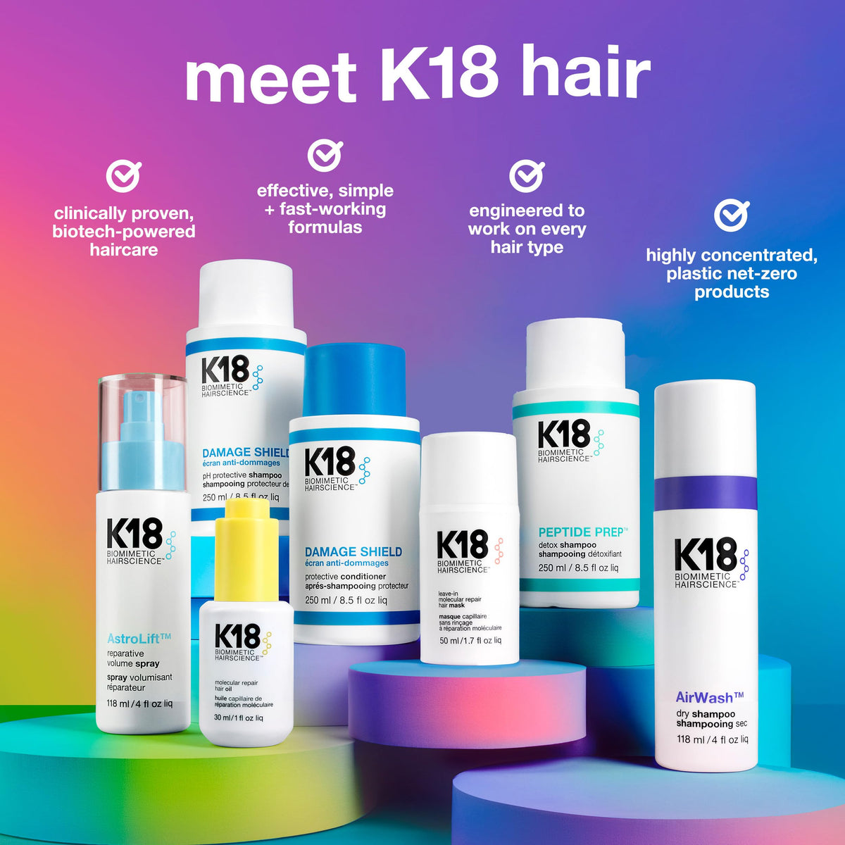 K18 on bathroom shelf staged with styling tools to show routine use