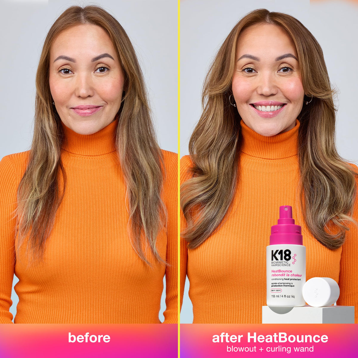 K18 spray applied to damp hair showing detangling and softness benefit