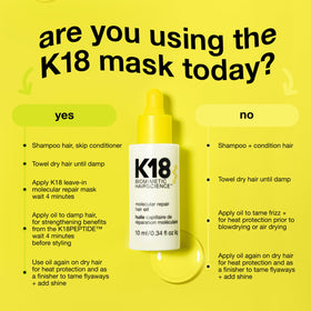 K18 bottle in hand showing 0.34 fl oz scale and travel-friendly size