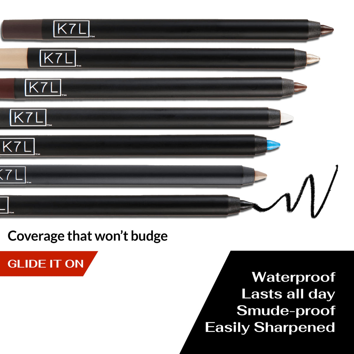 K7L eyeliner color range flatlay showing five shades for versatile looks