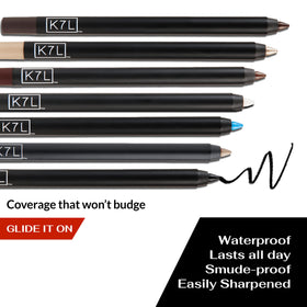 K7L eyeliner color range flatlay showing five shades for versatile looks