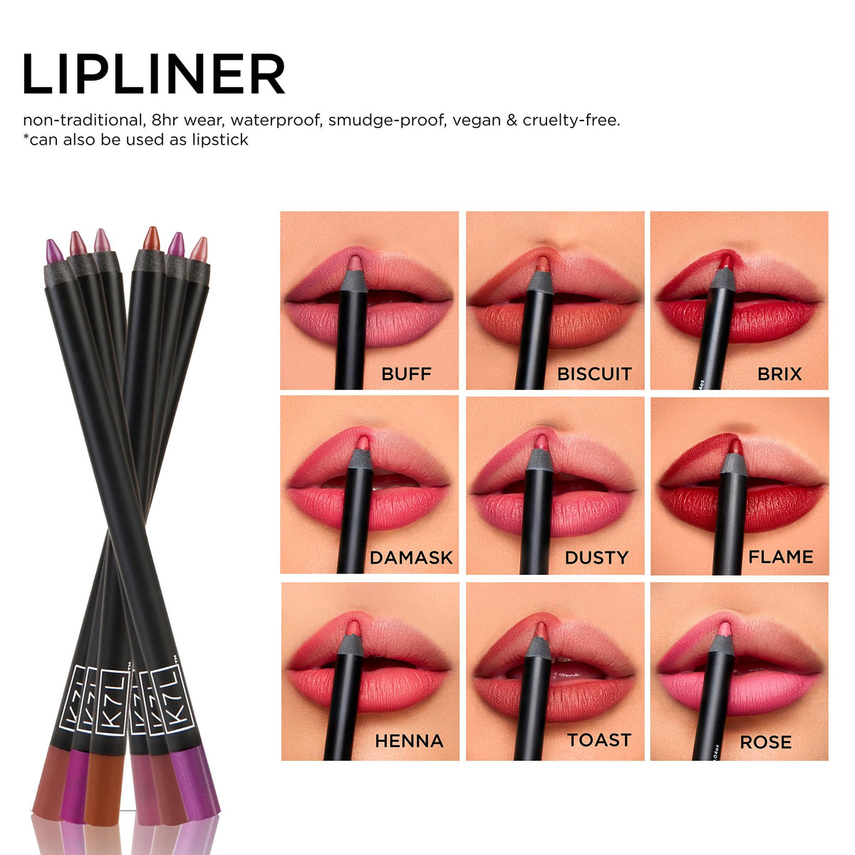 K7L lip crayon packaging label displaying vegan and waterproof benefits