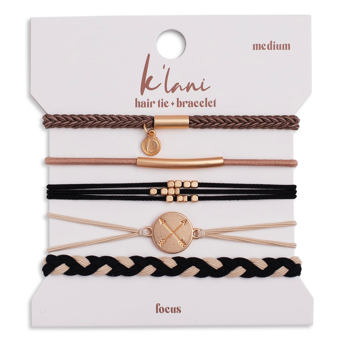 K'lani front packaging showing five focus medium hair tie bracelets, stylish gift-ready look