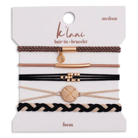 K'lani front packaging showing five focus medium hair tie bracelets, stylish gift-ready look