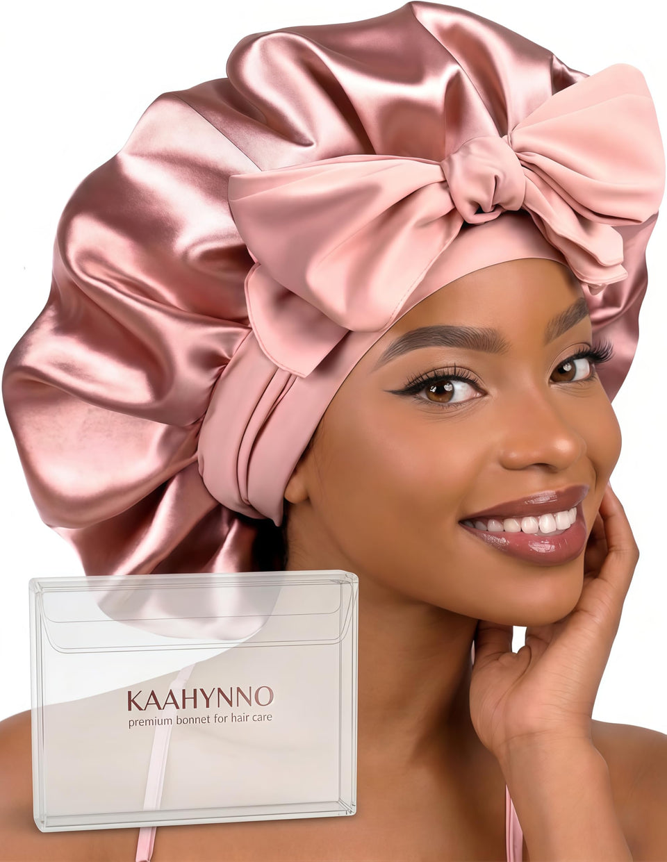 KAAHYNNO front view pink bonnet showing full coverage and sleek look