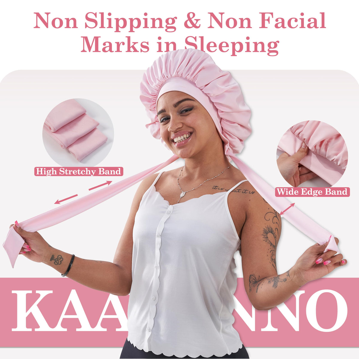 KAAHYNNO in-use image of woman sleeping wearing bonnet for protection