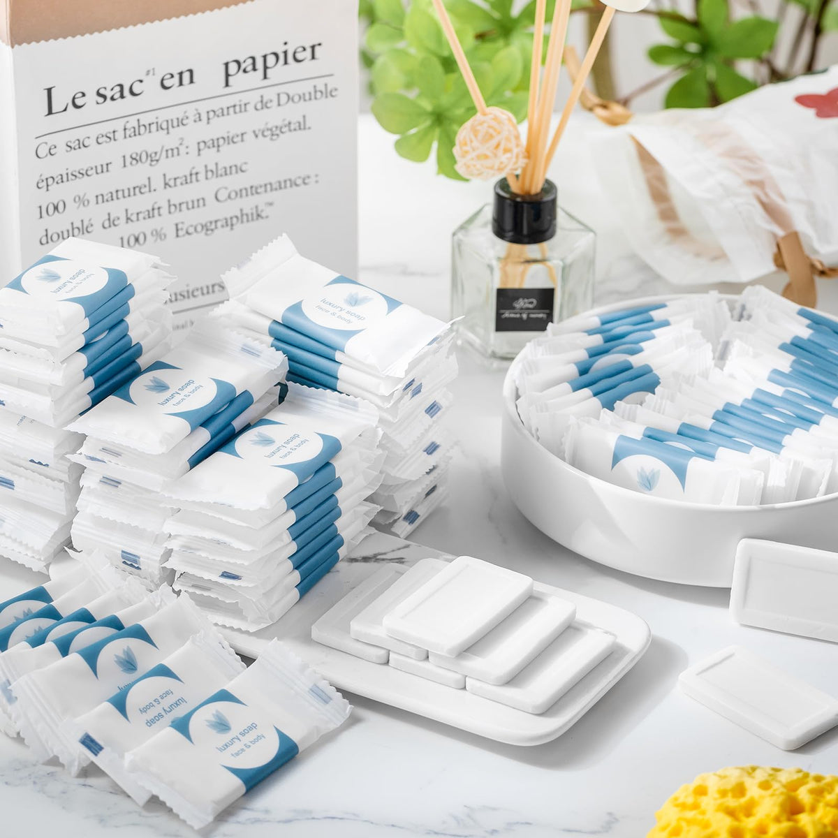 Kacctyen mini soap placed on bathroom tray for guest convenience