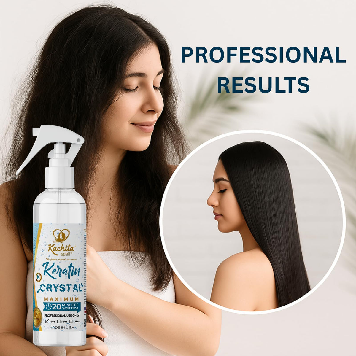 Side-by-side hair before and after Kachita Spell treatment showing reduced frizz and shine