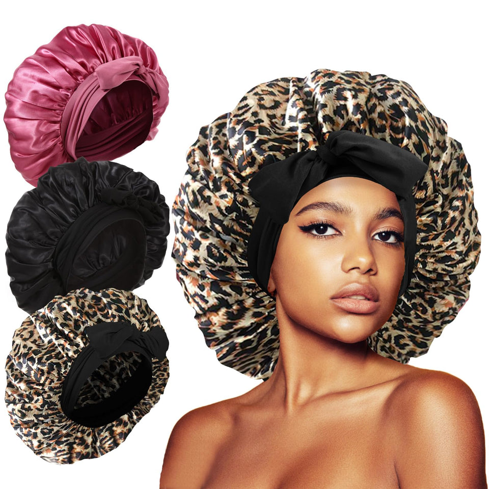 Kafteri front view of three bonnets showing patterns and full coverage benefit