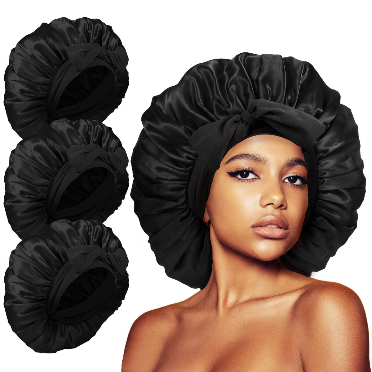 Kafteri front view showing three black jumbo bonnets protecting hair