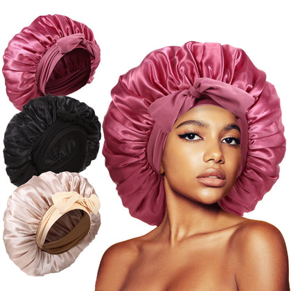 Kafteri front view three satin bonnets showing full-coverage protection