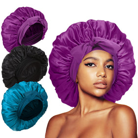 Kafteri front view of three bonnets showing color variety and full coverage benefit