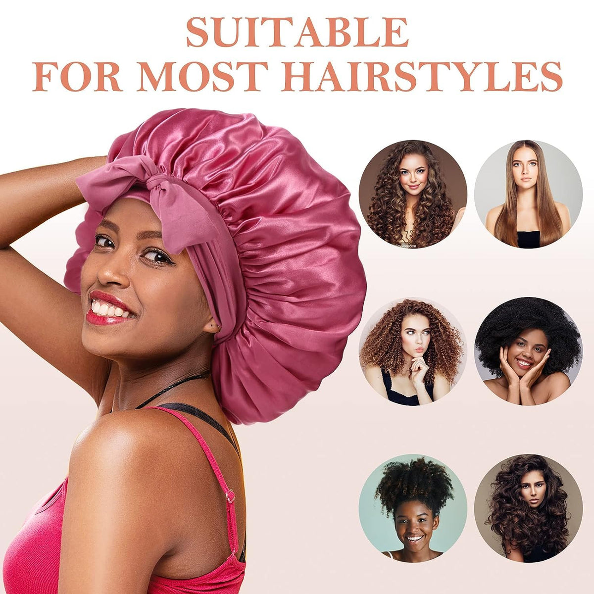 Kafteri model with curly hair wearing bonnet demonstrating protected curls and maintained volume