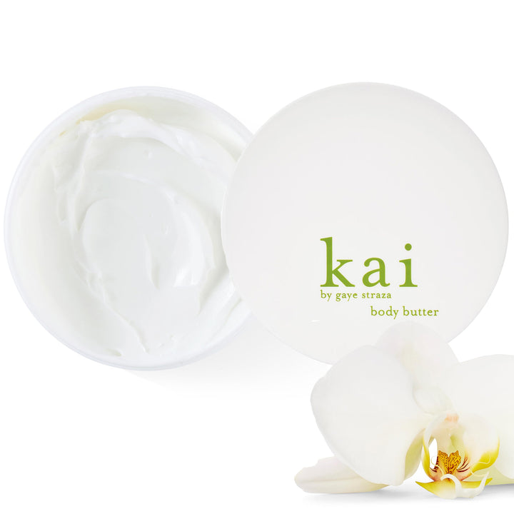 kai jar front view showing label and clean floral design, highlights moisturizing benefits