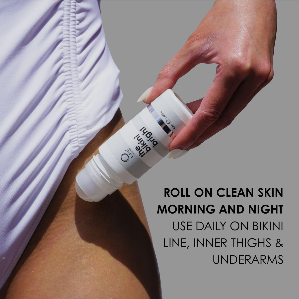 Kaia Naturals product being applied to bikini line to soothe and brighten