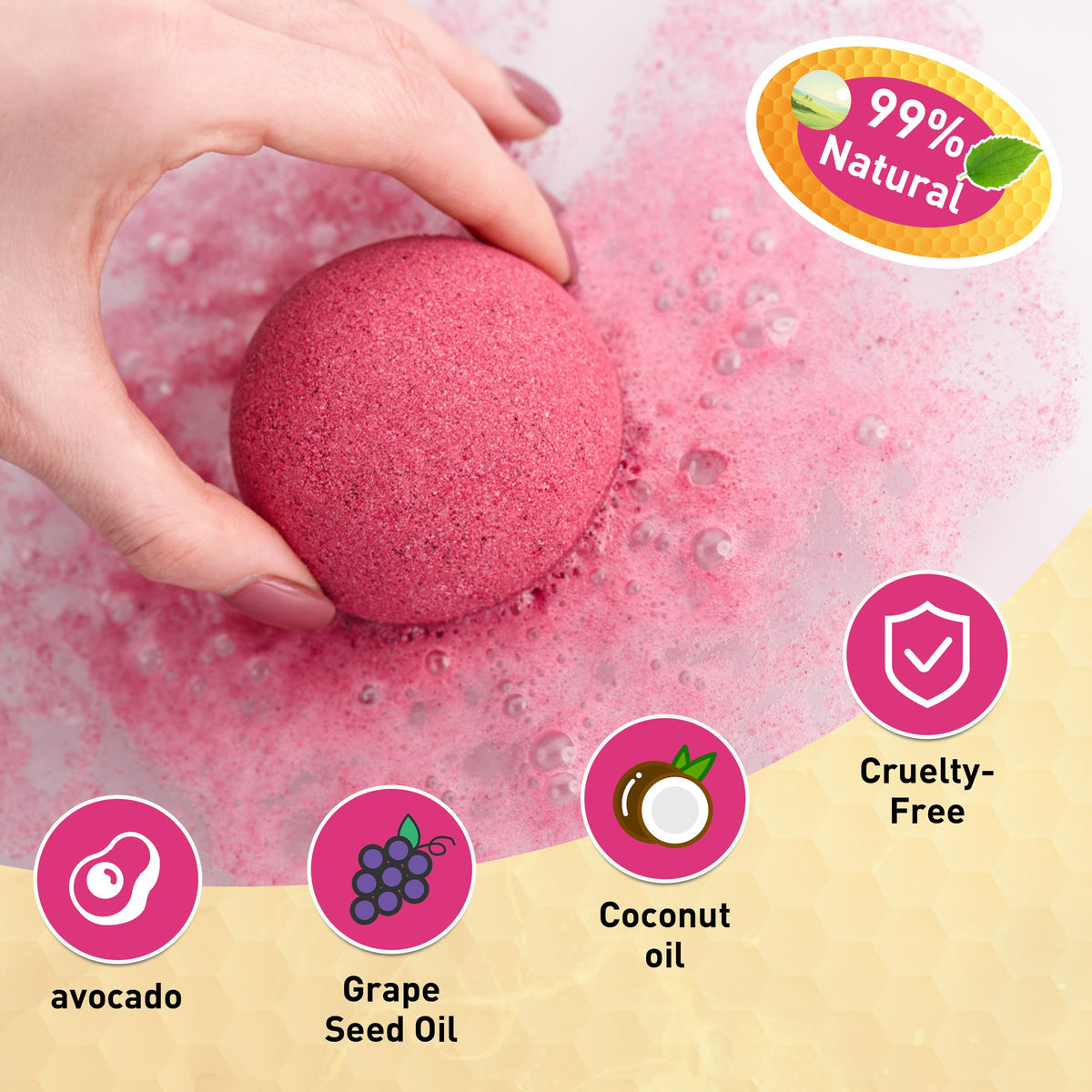 Kainga Recka bath bomb texture close-up revealing natural ingredients and gentle fizz