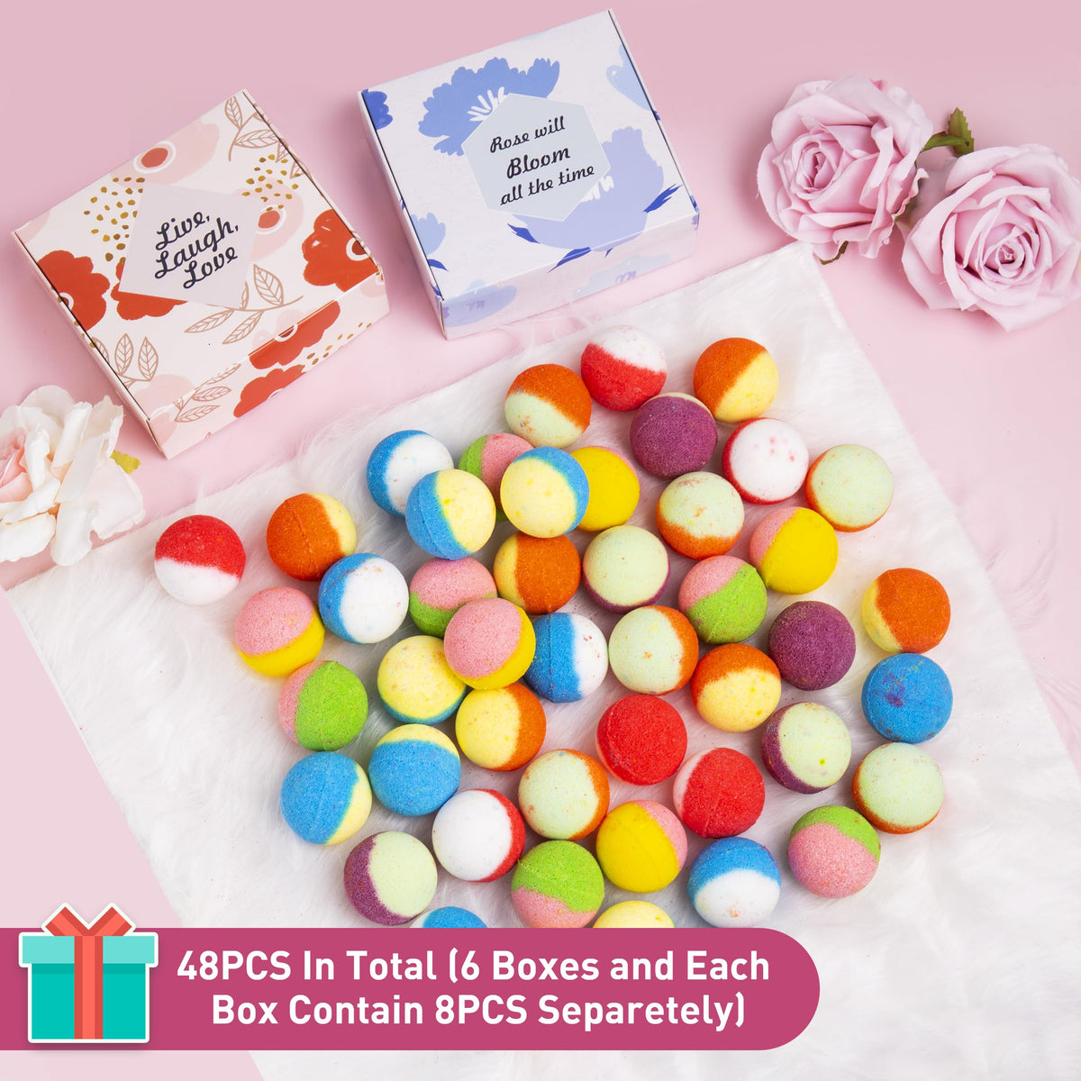 Kainga Recka open box with 48 bath bombs displayed, demonstrating variety and value