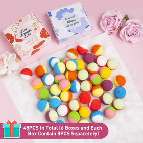 Kainga Recka open box with 48 bath bombs displayed, demonstrating variety and value