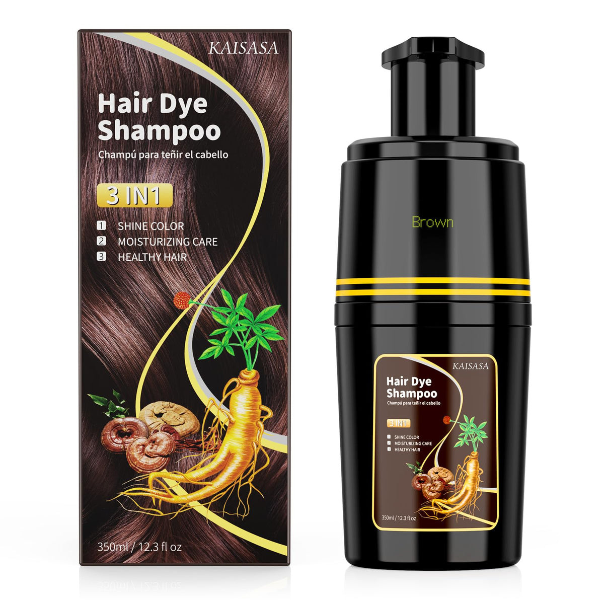 KAISASA front packaging shows brown dye shampoo, clear product identity and benefits