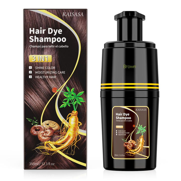 KAISASA front packaging shows brown dye shampoo, clear product identity and benefits