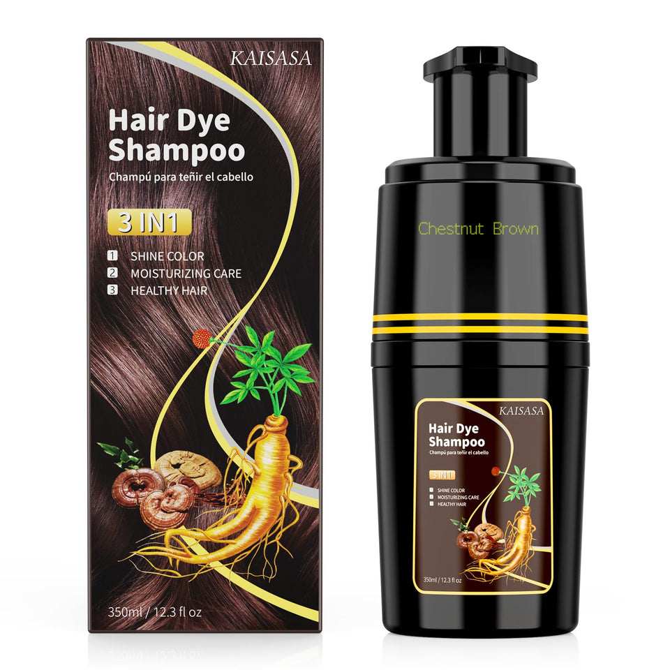 KAISASA bottle front view showing chestnut brown hair shampoo, quick grey coverage