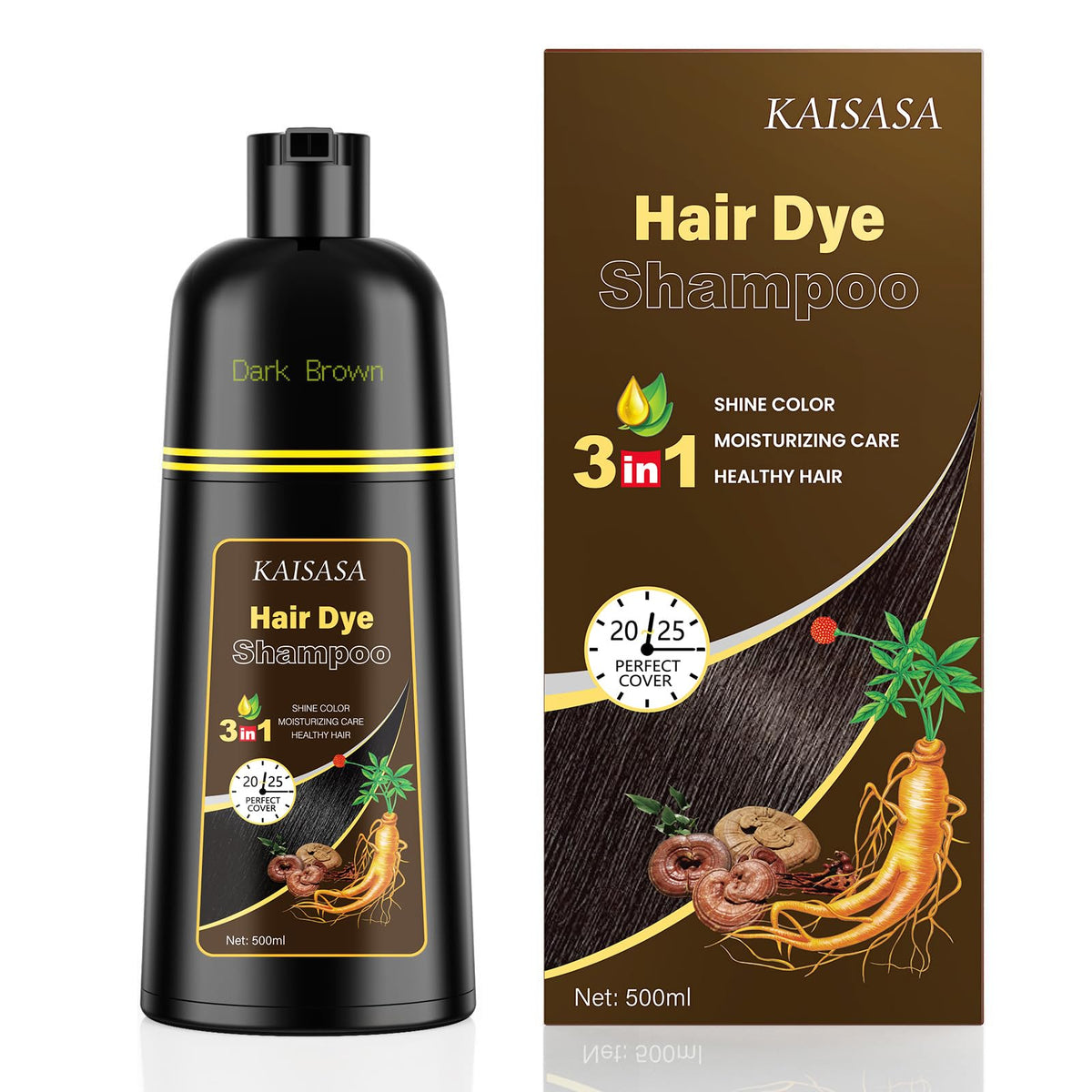 KAISASA front bottle view showing dark brown shampoo and easy use