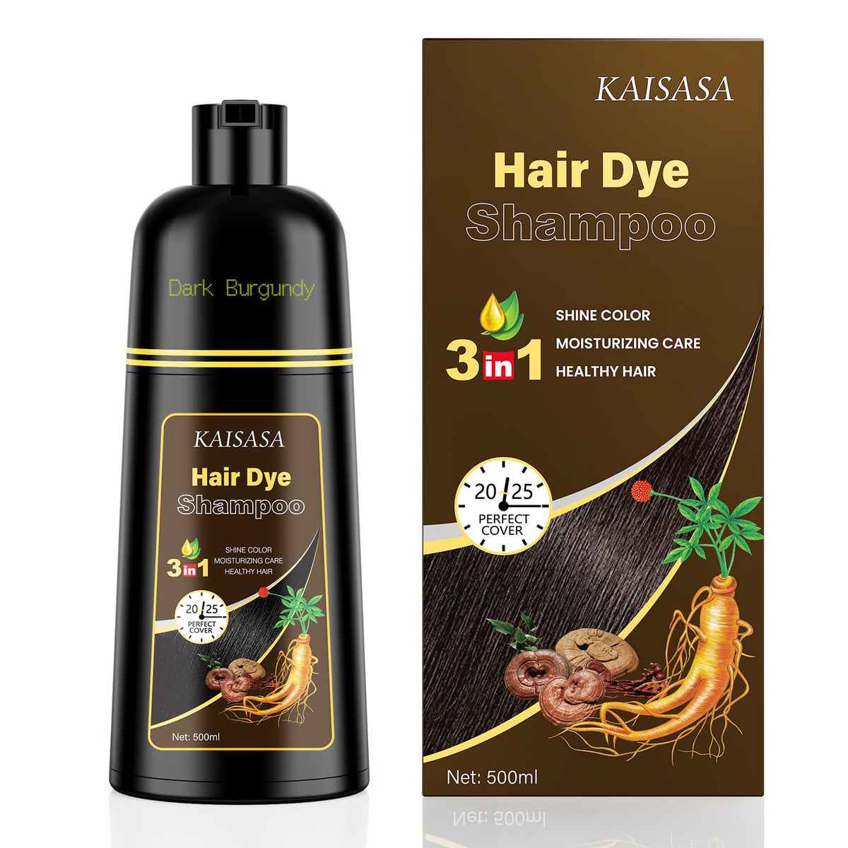 KAISASA dark burgundy bottle front view showing product and benefit of easy color