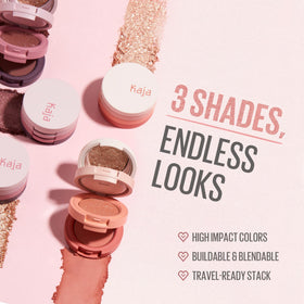 Kaja shades swatched on arm illustrating nude-peach payoff and blendability