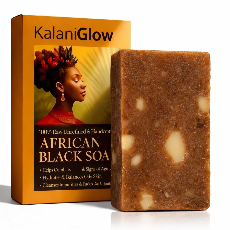 Kalani Glow front packaging showing natural black soap benefits