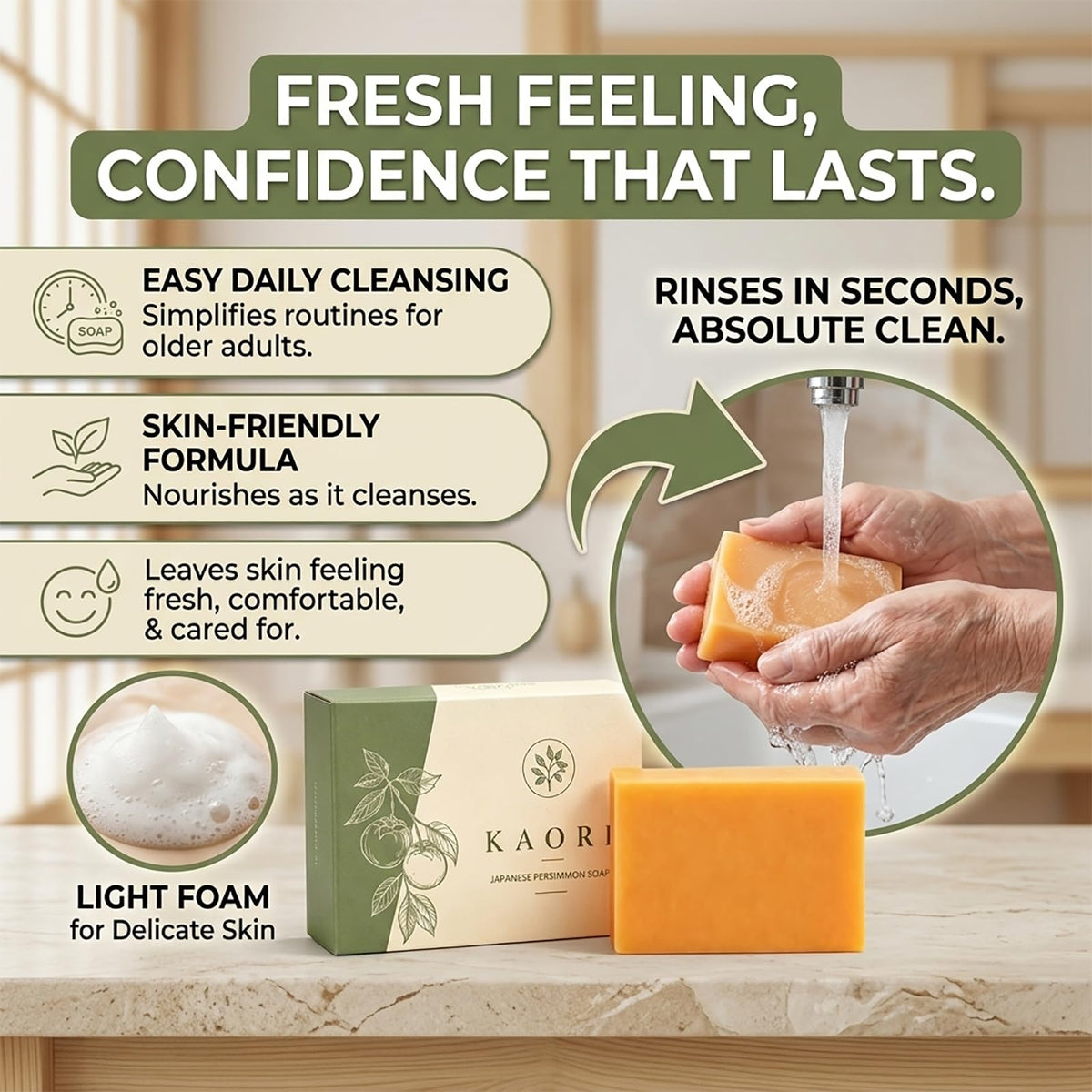 Kalani Glow lifestyle senior bathroom setup conveying simple care