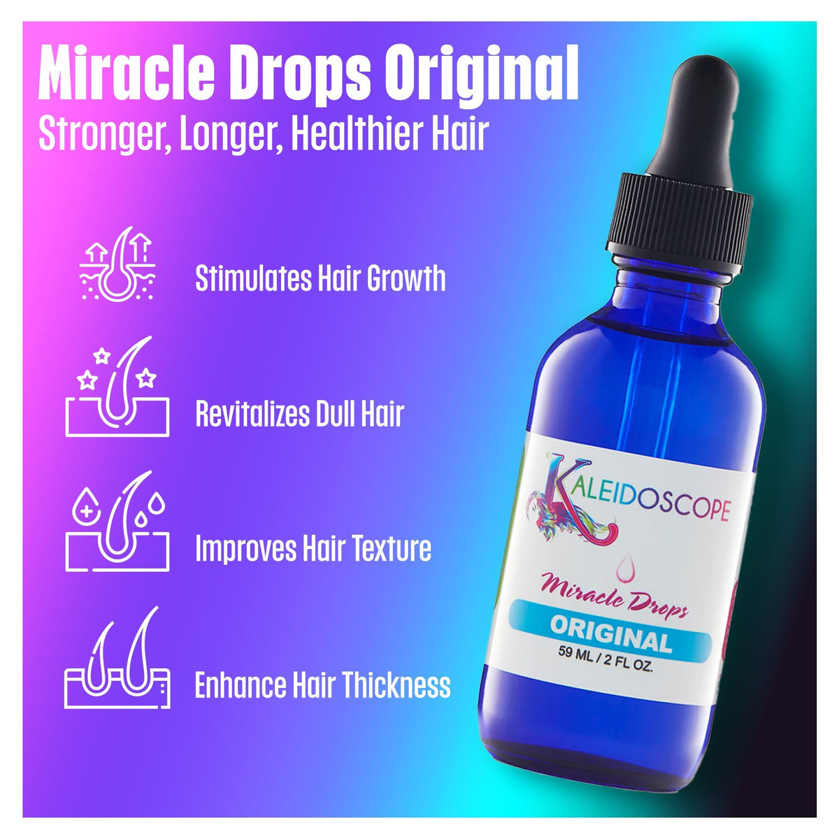 Side-by-side hair before and after using Kaleidoscope Miracle Drops showing added shine